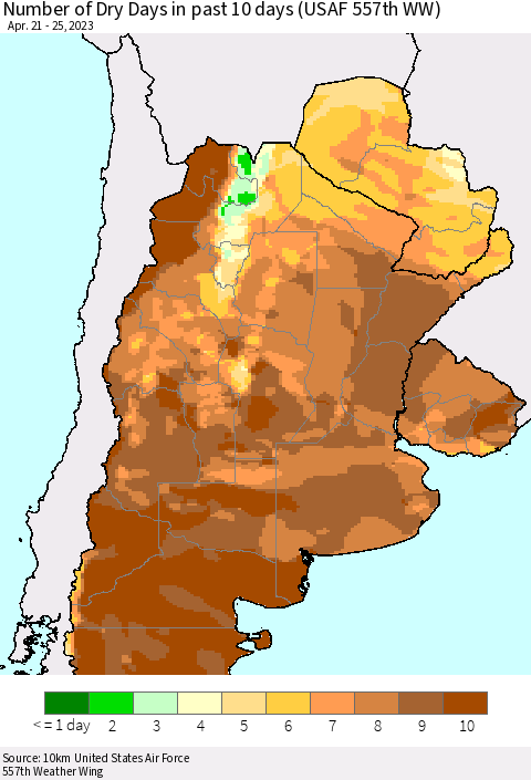 Southern South America Number of Dry Days in past 10 days (USAF 557th WW) Thematic Map For 4/21/2023 - 4/25/2023