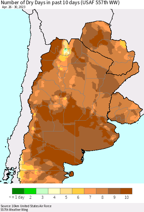 Southern South America Number of Dry Days in past 10 days (USAF 557th WW) Thematic Map For 4/26/2023 - 4/30/2023