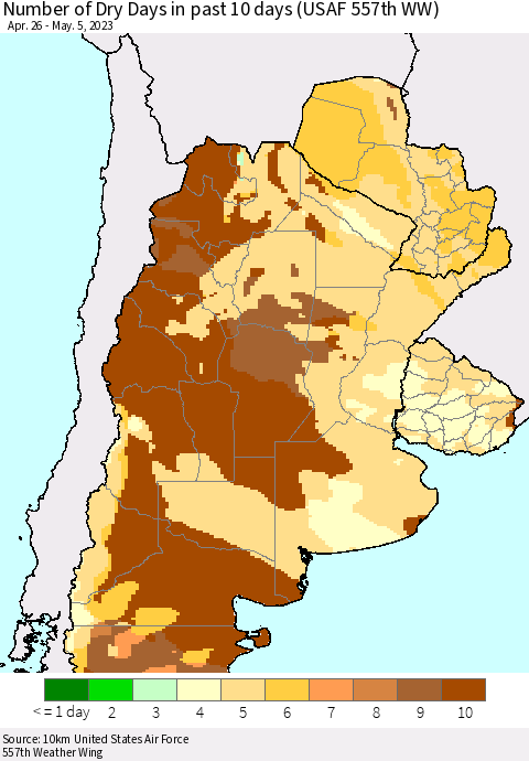 Southern South America Number of Dry Days in past 10 days (USAF 557th WW) Thematic Map For 5/1/2023 - 5/5/2023