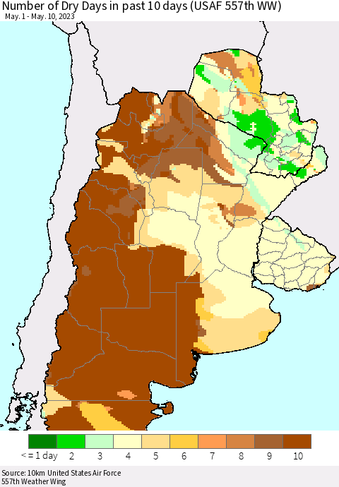 Southern South America Number of Dry Days in past 10 days (USAF 557th WW) Thematic Map For 5/6/2023 - 5/10/2023