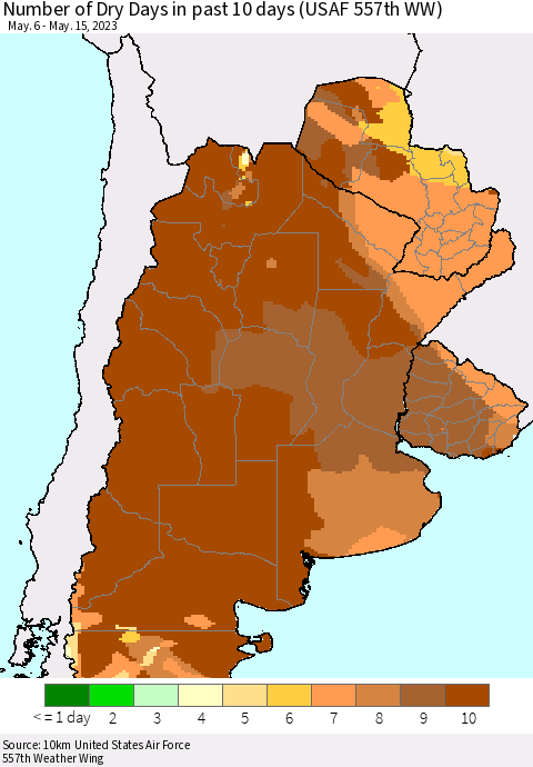 Southern South America Number of Dry Days in past 10 days (USAF 557th WW) Thematic Map For 5/11/2023 - 5/15/2023