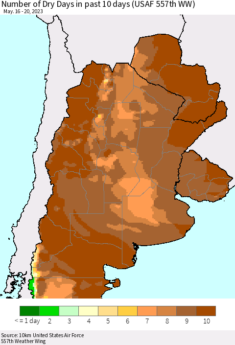 Southern South America Number of Dry Days in past 10 days (USAF 557th WW) Thematic Map For 5/16/2023 - 5/20/2023