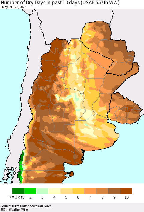 Southern South America Number of Dry Days in past 10 days (USAF 557th WW) Thematic Map For 5/21/2023 - 5/25/2023