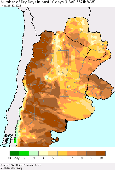 Southern South America Number of Dry Days in past 10 days (USAF 557th WW) Thematic Map For 5/26/2023 - 5/31/2023