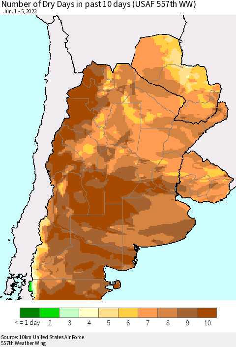 Southern South America Number of Dry Days in past 10 days (USAF 557th WW) Thematic Map For 6/1/2023 - 6/5/2023