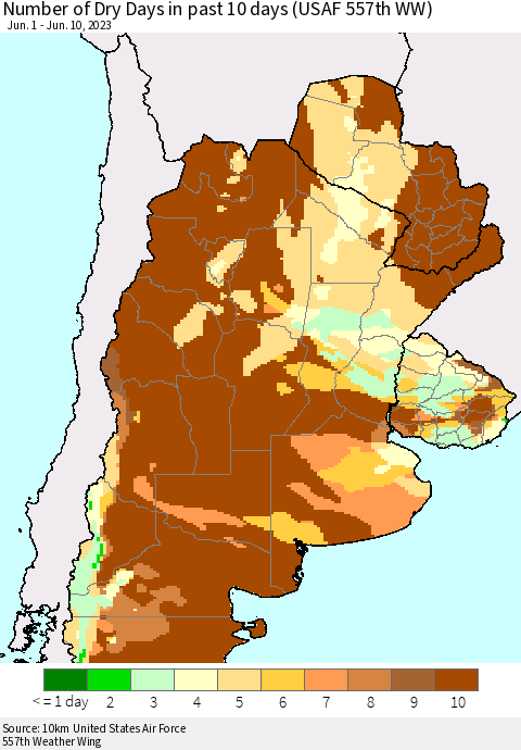 Southern South America Number of Dry Days in past 10 days (USAF 557th WW) Thematic Map For 6/6/2023 - 6/10/2023