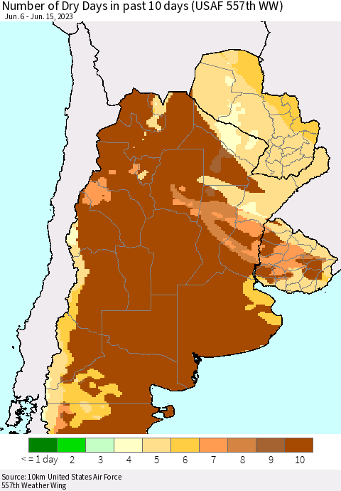 Southern South America Number of Dry Days in past 10 days (USAF 557th WW) Thematic Map For 6/11/2023 - 6/15/2023
