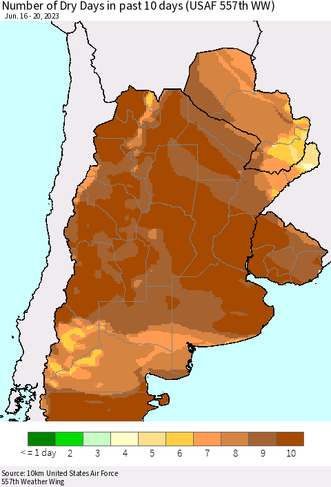 Southern South America Number of Dry Days in past 10 days (USAF 557th WW) Thematic Map For 6/16/2023 - 6/20/2023