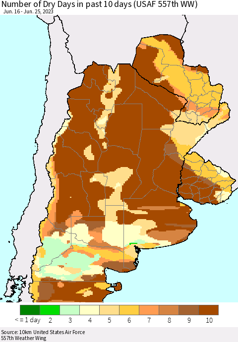 Southern South America Number of Dry Days in past 10 days (USAF 557th WW) Thematic Map For 6/21/2023 - 6/25/2023