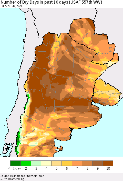 Southern South America Number of Dry Days in past 10 days (USAF 557th WW) Thematic Map For 6/26/2023 - 6/30/2023