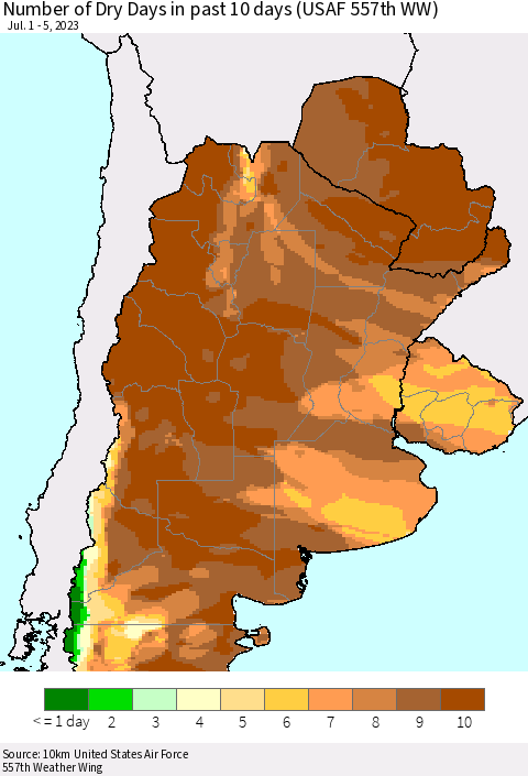 Southern South America Number of Dry Days in past 10 days (USAF 557th WW) Thematic Map For 7/1/2023 - 7/5/2023