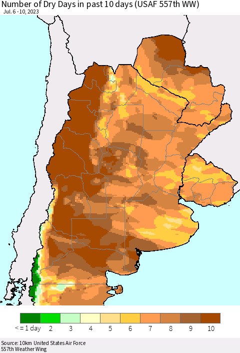 Southern South America Number of Dry Days in past 10 days (USAF 557th WW) Thematic Map For 7/6/2023 - 7/10/2023