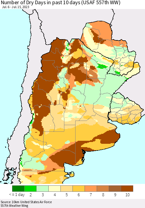 Southern South America Number of Dry Days in past 10 days (USAF 557th WW) Thematic Map For 7/11/2023 - 7/15/2023