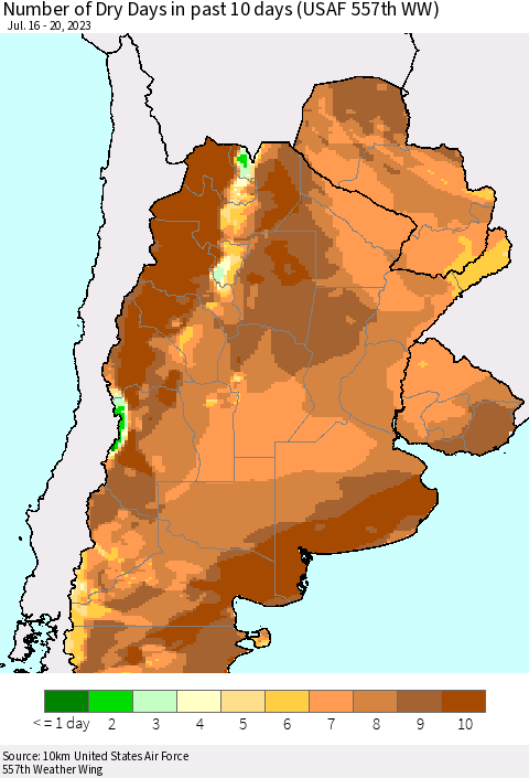 Southern South America Number of Dry Days in past 10 days (USAF 557th WW) Thematic Map For 7/16/2023 - 7/20/2023