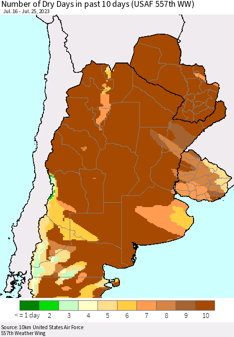 Southern South America Number of Dry Days in past 10 days (USAF 557th WW) Thematic Map For 7/21/2023 - 7/25/2023