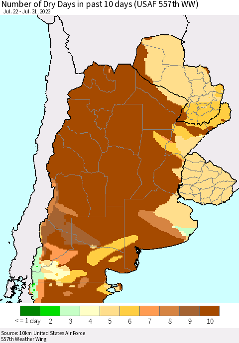 Southern South America Number of Dry Days in past 10 days (USAF 557th WW) Thematic Map For 7/26/2023 - 7/31/2023