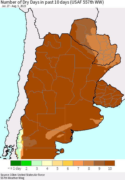 Southern South America Number of Dry Days in past 10 days (USAF 557th WW) Thematic Map For 8/1/2023 - 8/5/2023
