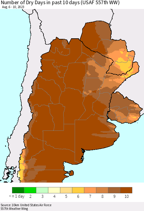 Southern South America Number of Dry Days in past 10 days (USAF 557th WW) Thematic Map For 8/6/2023 - 8/10/2023