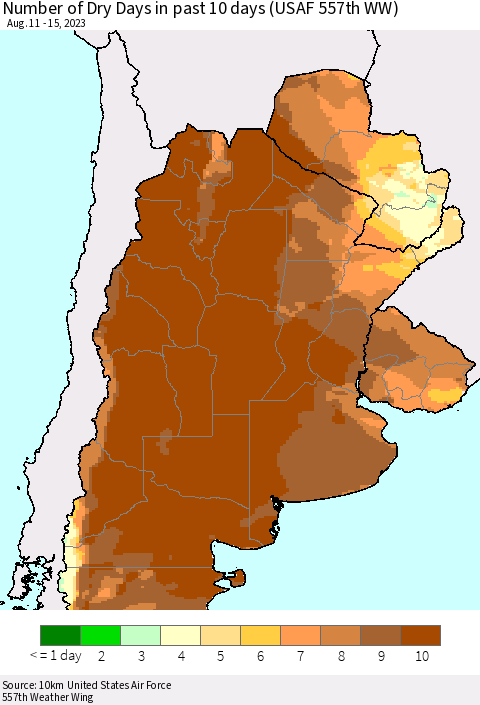Southern South America Number of Dry Days in past 10 days (USAF 557th WW) Thematic Map For 8/11/2023 - 8/15/2023