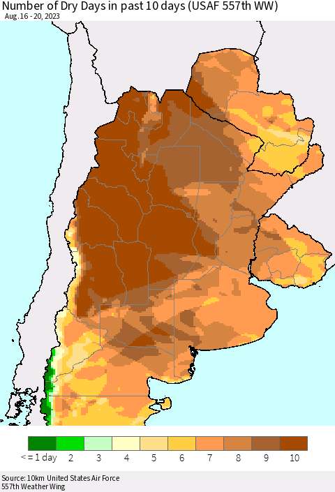 Southern South America Number of Dry Days in past 10 days (USAF 557th WW) Thematic Map For 8/16/2023 - 8/20/2023