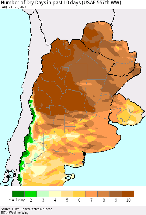Southern South America Number of Dry Days in past 10 days (USAF 557th WW) Thematic Map For 8/21/2023 - 8/25/2023