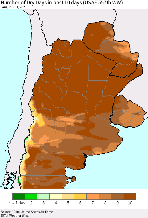Southern South America Number of Dry Days in past 10 days (USAF 557th WW) Thematic Map For 8/26/2023 - 8/31/2023