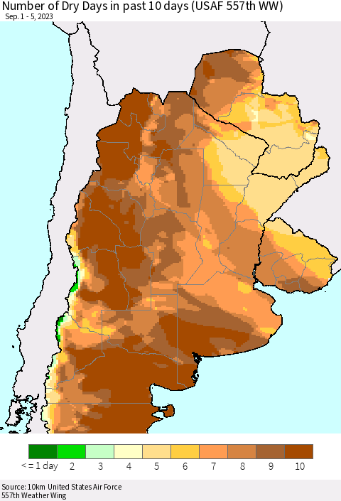 Southern South America Number of Dry Days in past 10 days (USAF 557th WW) Thematic Map For 9/1/2023 - 9/5/2023