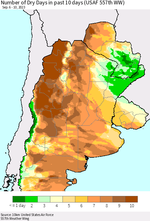 Southern South America Number of Dry Days in past 10 days (USAF 557th WW) Thematic Map For 9/6/2023 - 9/10/2023