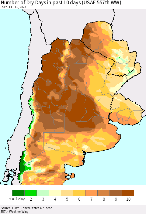 Southern South America Number of Dry Days in past 10 days (USAF 557th WW) Thematic Map For 9/11/2023 - 9/15/2023