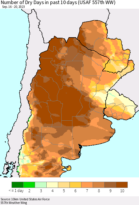 Southern South America Number of Dry Days in past 10 days (USAF 557th WW) Thematic Map For 9/16/2023 - 9/20/2023