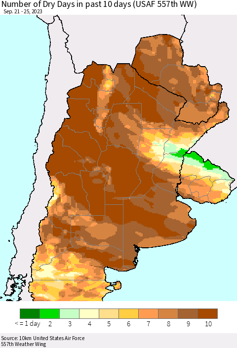 Southern South America Number of Dry Days in past 10 days (USAF 557th WW) Thematic Map For 9/21/2023 - 9/25/2023
