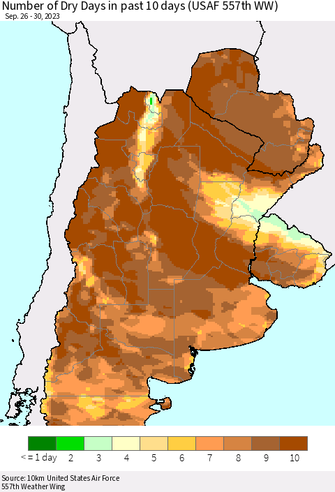 Southern South America Number of Dry Days in past 10 days (USAF 557th WW) Thematic Map For 9/26/2023 - 9/30/2023