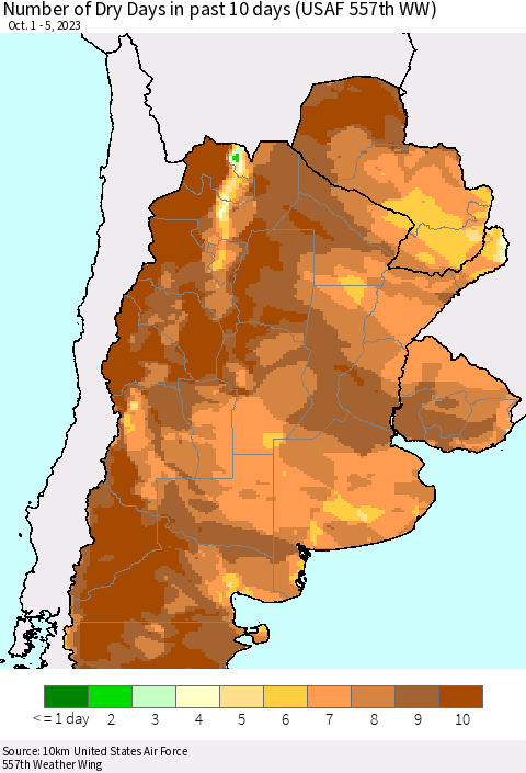 Southern South America Number of Dry Days in past 10 days (USAF 557th WW) Thematic Map For 10/1/2023 - 10/5/2023