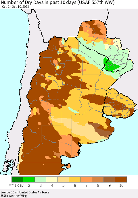 Southern South America Number of Dry Days in past 10 days (USAF 557th WW) Thematic Map For 10/6/2023 - 10/10/2023