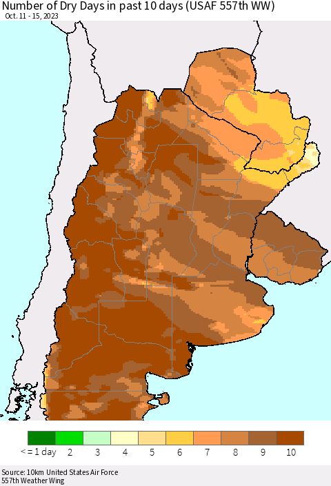 Southern South America Number of Dry Days in past 10 days (USAF 557th WW) Thematic Map For 10/11/2023 - 10/15/2023