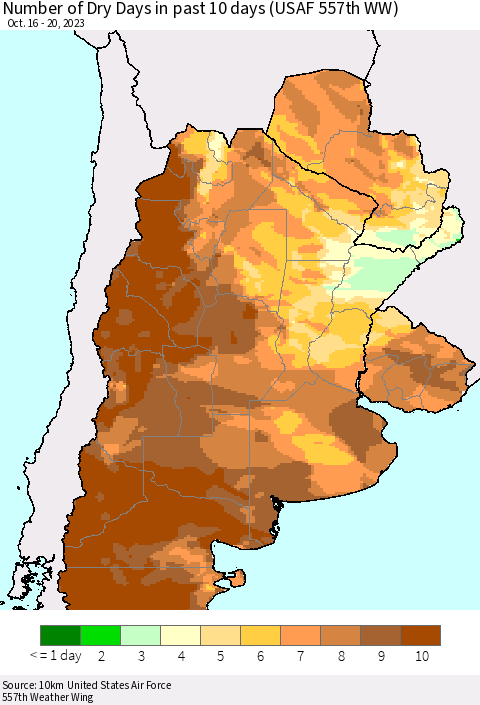 Southern South America Number of Dry Days in past 10 days (USAF 557th WW) Thematic Map For 10/16/2023 - 10/20/2023