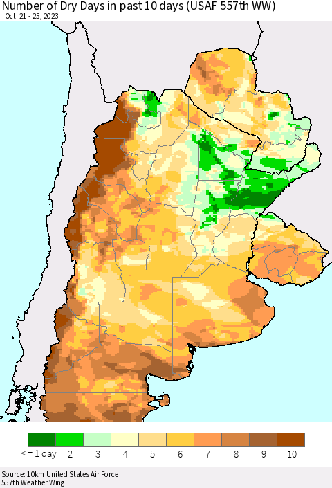 Southern South America Number of Dry Days in past 10 days (USAF 557th WW) Thematic Map For 10/21/2023 - 10/25/2023