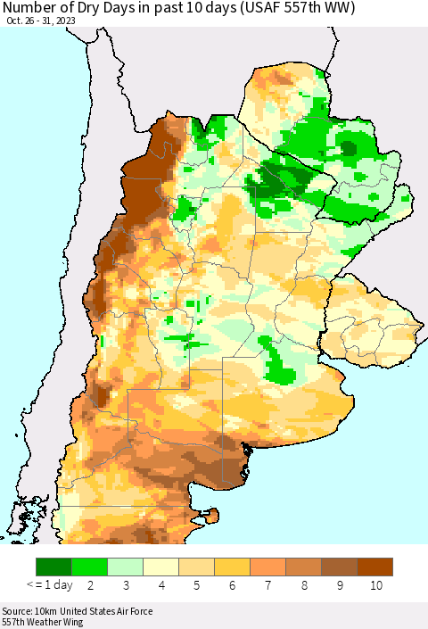 Southern South America Number of Dry Days in past 10 days (USAF 557th WW) Thematic Map For 10/26/2023 - 10/31/2023