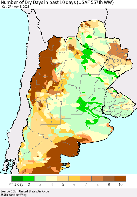 Southern South America Number of Dry Days in past 10 days (USAF 557th WW) Thematic Map For 11/1/2023 - 11/5/2023