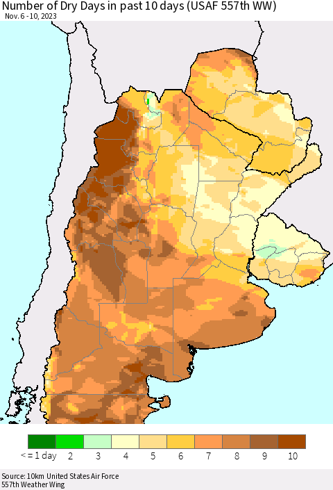 Southern South America Number of Dry Days in past 10 days (USAF 557th WW) Thematic Map For 11/6/2023 - 11/10/2023