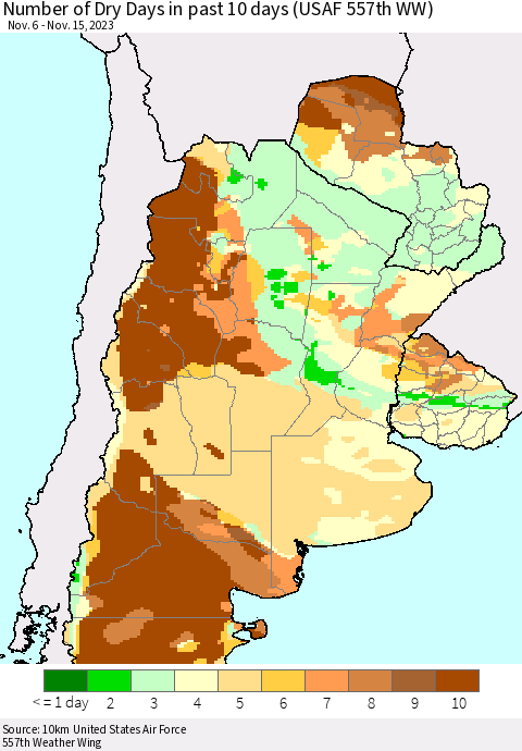 Southern South America Number of Dry Days in past 10 days (USAF 557th WW) Thematic Map For 11/11/2023 - 11/15/2023