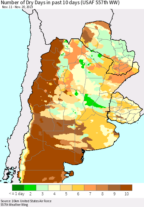 Southern South America Number of Dry Days in past 10 days (USAF 557th WW) Thematic Map For 11/16/2023 - 11/20/2023