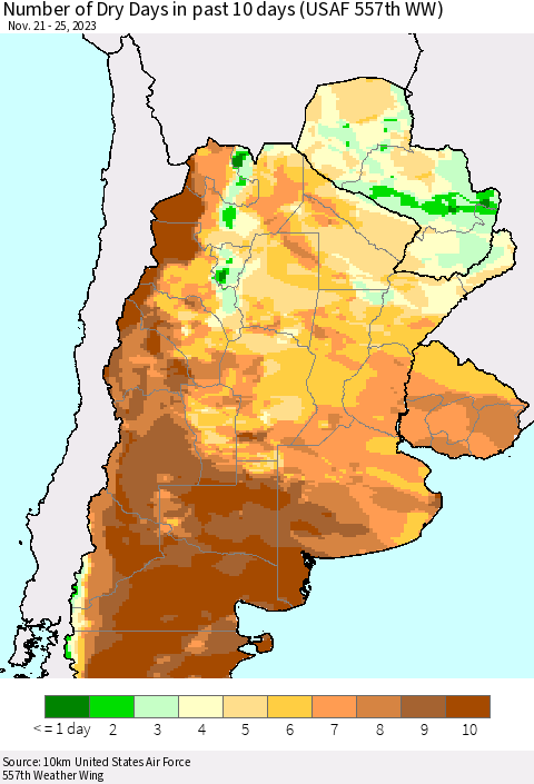 Southern South America Number of Dry Days in past 10 days (USAF 557th WW) Thematic Map For 11/21/2023 - 11/25/2023