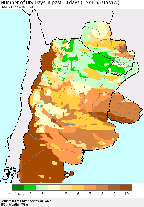 Southern South America Number of Dry Days in past 10 days (USAF 557th WW) Thematic Map For 11/26/2023 - 11/30/2023