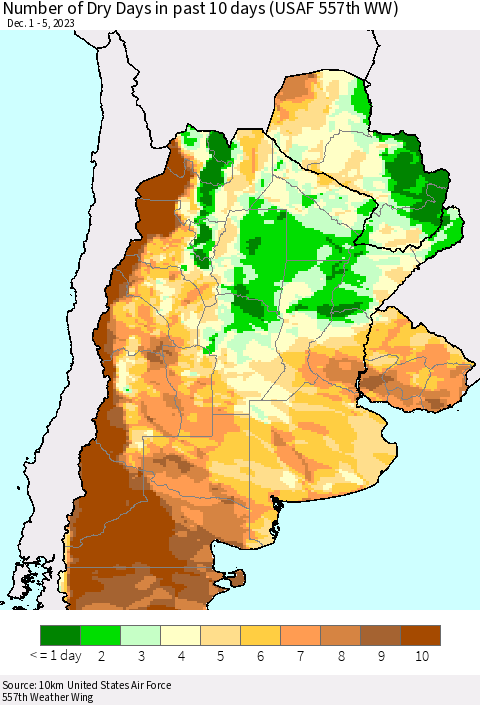 Southern South America Number of Dry Days in past 10 days (USAF 557th WW) Thematic Map For 12/1/2023 - 12/5/2023