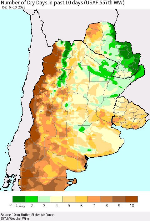 Southern South America Number of Dry Days in past 10 days (USAF 557th WW) Thematic Map For 12/6/2023 - 12/10/2023