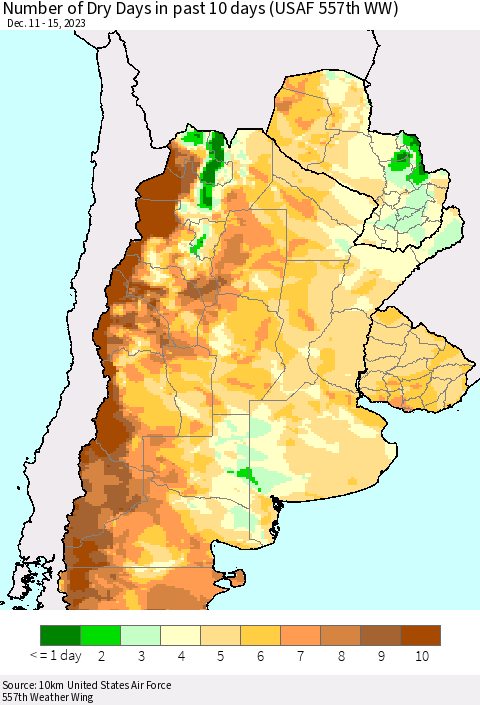 Southern South America Number of Dry Days in past 10 days (USAF 557th WW) Thematic Map For 12/11/2023 - 12/15/2023