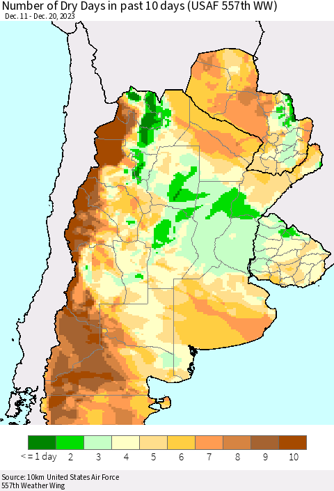 Southern South America Number of Dry Days in past 10 days (USAF 557th WW) Thematic Map For 12/16/2023 - 12/20/2023