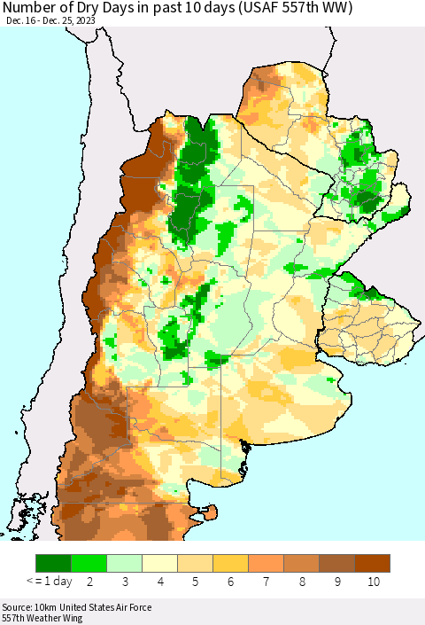 Southern South America Number of Dry Days in past 10 days (USAF 557th WW) Thematic Map For 12/21/2023 - 12/25/2023