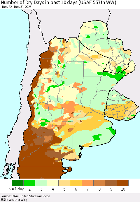 Southern South America Number of Dry Days in past 10 days (USAF 557th WW) Thematic Map For 12/26/2023 - 12/31/2023